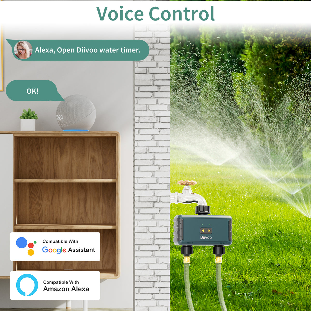 WiFi Sprinkler Timer 2 Zone, Diivoo Smart Water Timer for Garden Hose（