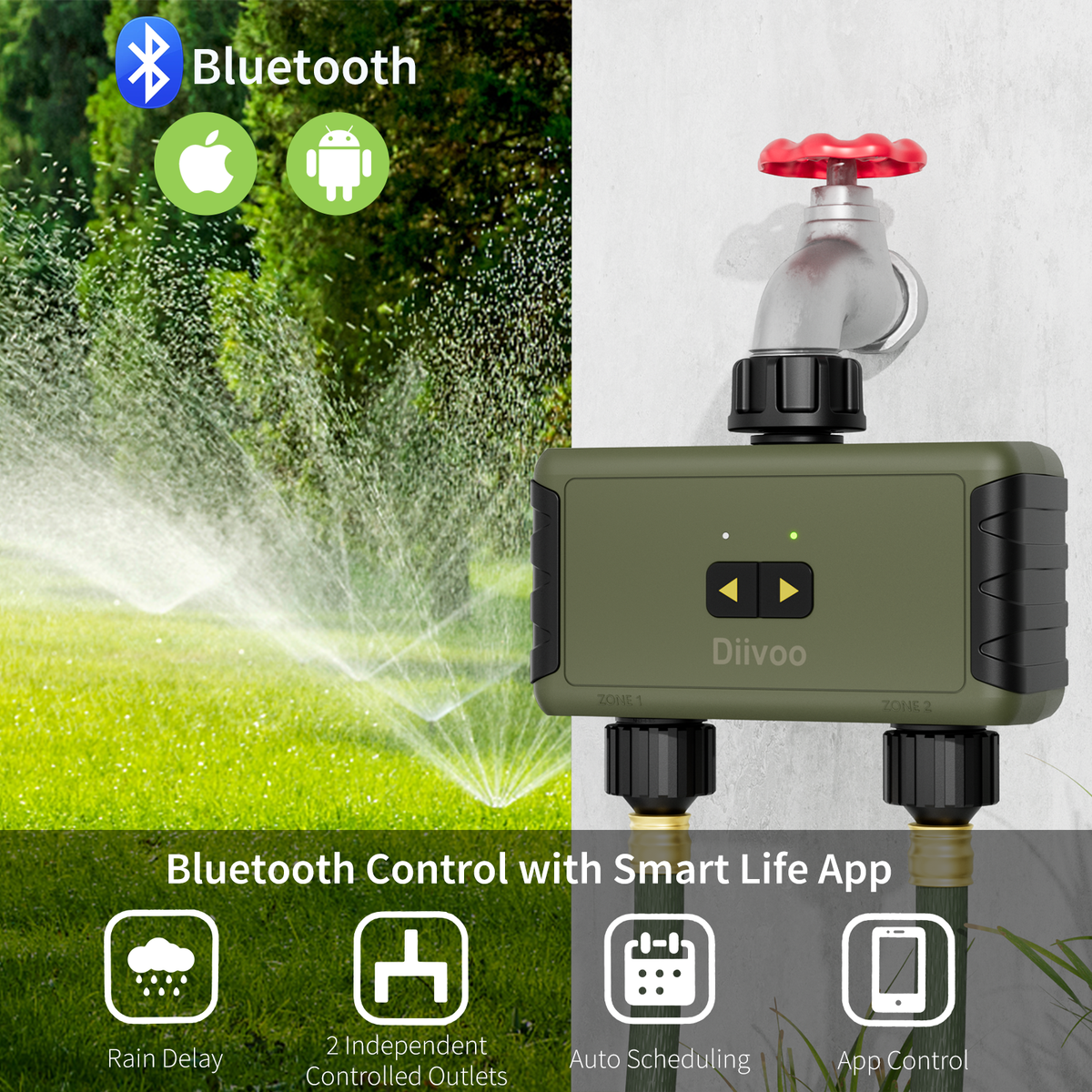 Bletooth Sprinkler Timer 2 Zone Up to 40 Separate Programmable Schedul