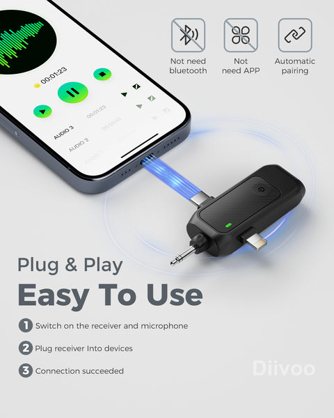 Diivoo Wireless Lavalier Microphones, Campatible iPhone, Android Phone, Camera, USB-C, 10-Hour Battery Mic, Mini Lapel Microfono with Noise Cancelling for Video Recording, Vlog, YouTube, TikTok