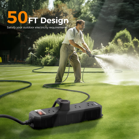Black Outdoor Power Strip Weatherproof 50 FT Extension Cord
