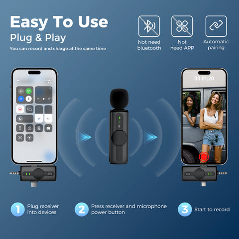 Diivoo 3 in 1 Wireless Lavalier Microphones, Mini Microphone Compatible with iPhone iPad Android Camera USB-C, Mini Mic with Noise Cancelling, Real time Monitoring for Video Recording, Vlog, YouTube