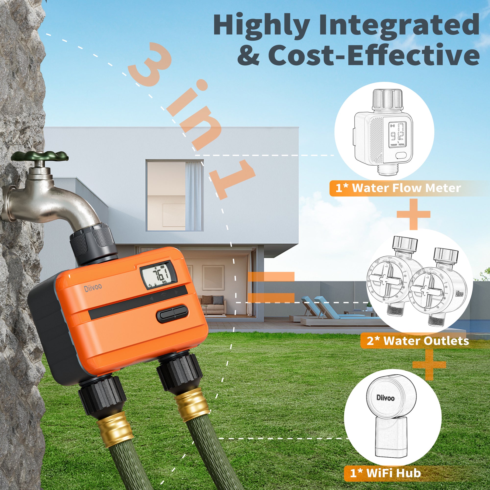 Diivoo WiFi Water Timer 2 Zone with Builtin Water Flow Meter