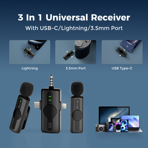 Diivoo 3 in 1 Wireless Lavalier Microphones, Mini Microphone Compatible with iPhone iPad Android Camera USB-C, Mini Mic with Noise Cancelling, Real time Monitoring for Video Recording, Vlog, YouTube