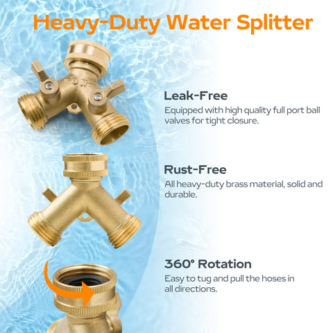 Hose Splitter 2 Way, Diivoo Heavy Duty Brass Hose Y Connector