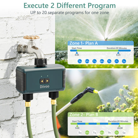 WiFi Sprinkler Timer 2 Zone, Diivoo Smart Water Timer for Garden Hose（Blue）