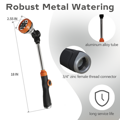 Watering Wand Heavy Duty, Metal Garden Hose Wand with 8 Spray Patterns, 18 Inch Long