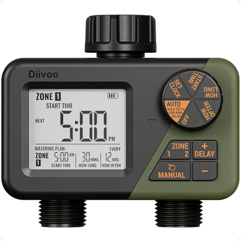 Diivoo Sprinkler Timer 2 Zone, Programmable Water Hose Timer 2 Outlet for Garden, Outdoor Automatic Irrigation System IPX5 Waterproof with Rain Delay/Manual for Lawn, Yard, Pool