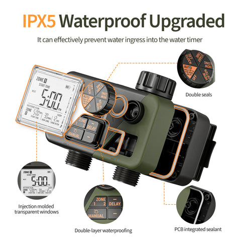 Diivoo Sprinkler Timer 2 Zone, Programmable Water Hose Timer 2 Outlet for Garden, Outdoor Automatic Irrigation System IPX5 Waterproof with Rain Delay/Manual for Lawn, Yard, Pool