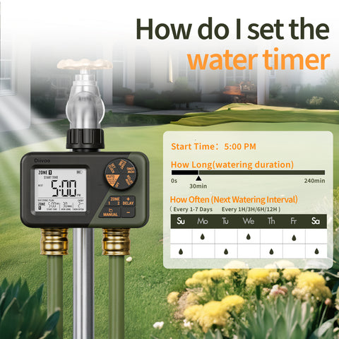 Diivoo Sprinkler Timer 2 Zone, Programmable Water Hose Timer 2 Outlet for Garden, Outdoor Automatic Irrigation System IPX5 Waterproof with Rain Delay/Manual for Lawn, Yard, Pool