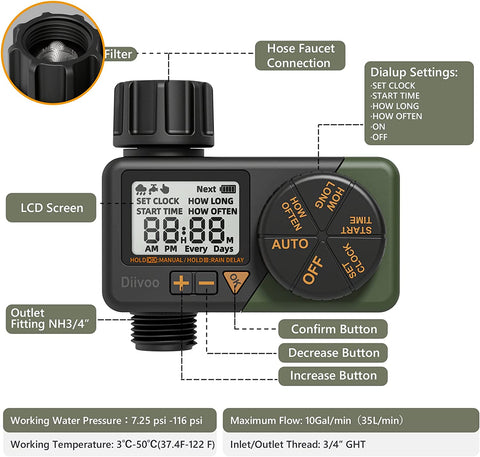 Diivoo Irrigation Hose Timer with Weekly and Daily Programs